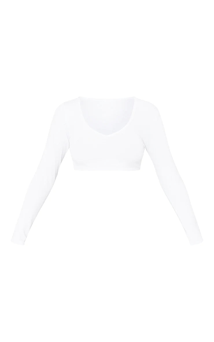 Basic White Cotton Blend Long Sleeve Deep V Crop Top