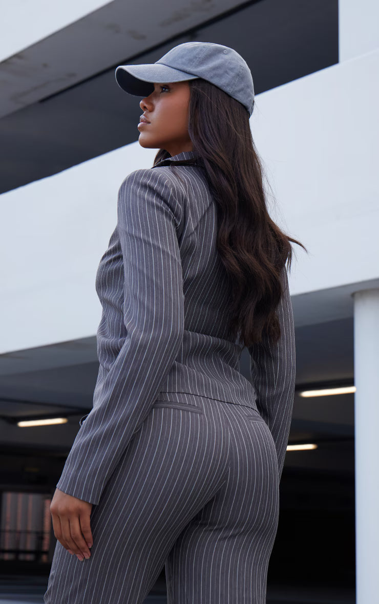 Dark Grey Open Front Pinstripe Fitted Shirt