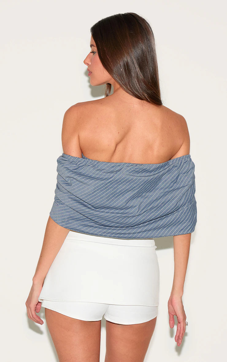 Grey Striped Cotton Twist Detail Bardot Top