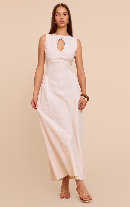 Almond Linen Look Textured Button Detail Sleeveless Maxi Dress