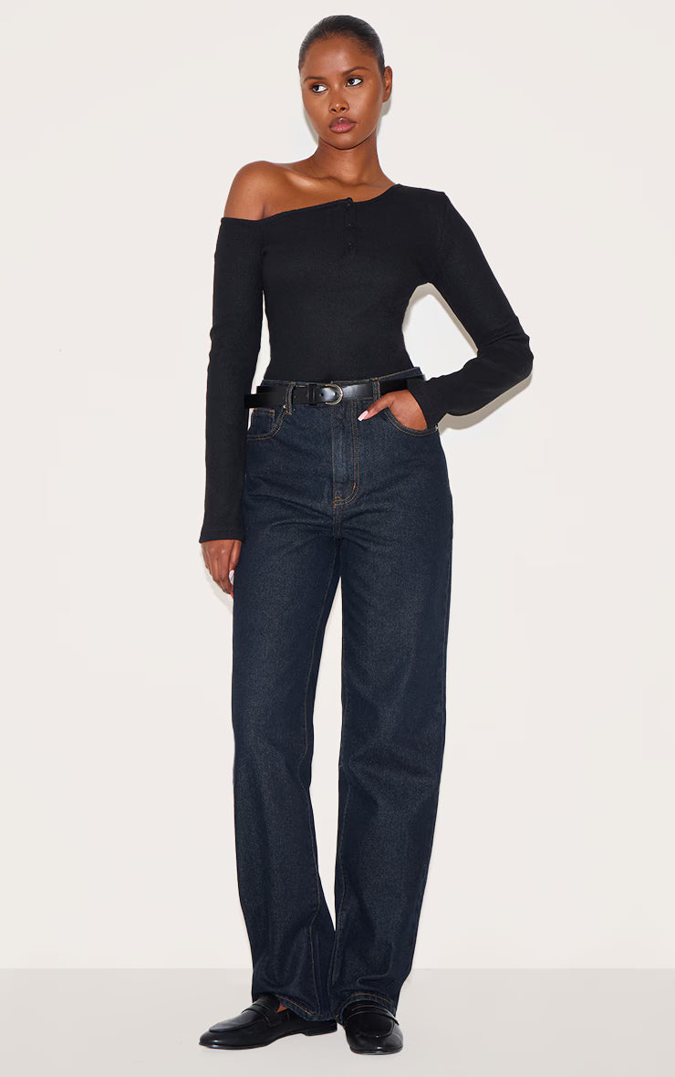 Black Rib Button Detail Asymmetric Long Sleeve Top