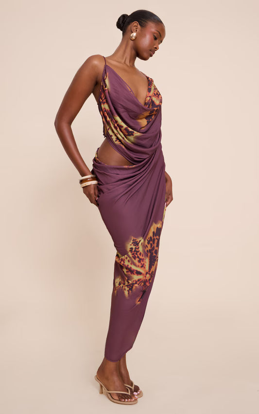 Purple Floral Chiffon Drape Cut Out Midaxi Dress