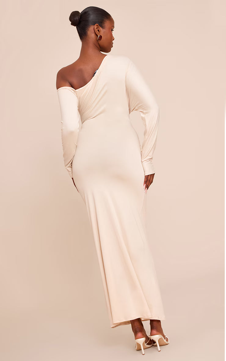 Almond Soft Touch One Shoulder Long Sleeve Maxi Dress