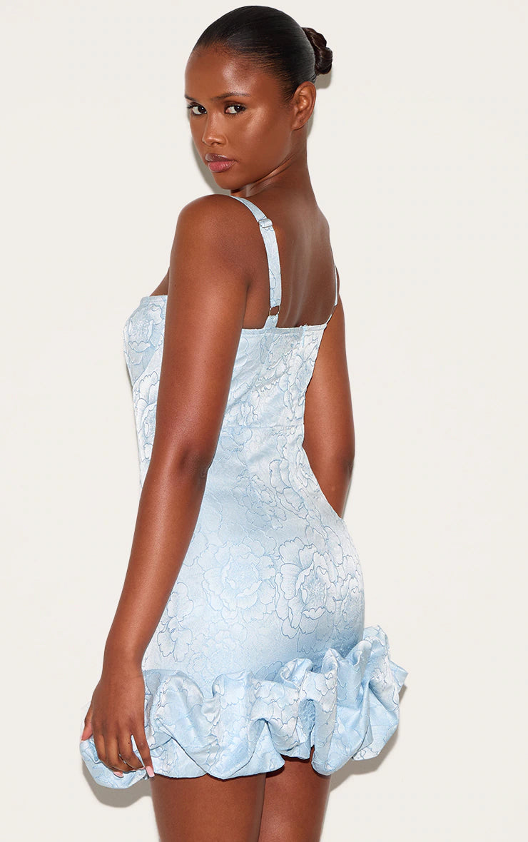 Baby Blue Jacquard Puff Ball Hem Mini Dress