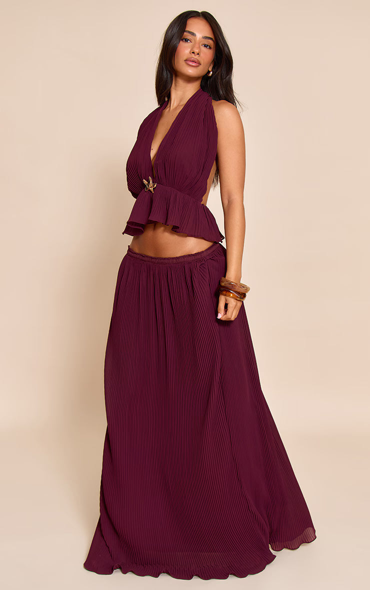 Petite Wine Plisse Trim Detail Halterneck Top