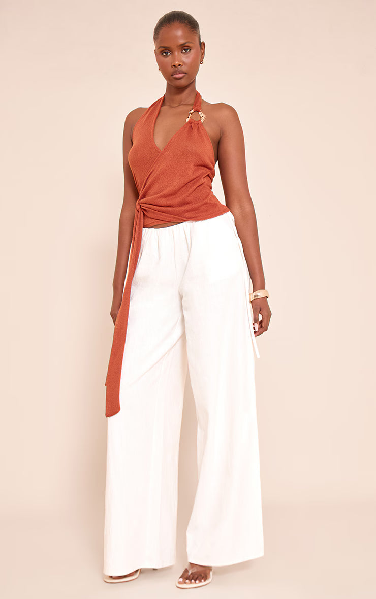 Rust Tie Detail Halter Neck Trim Knit Top