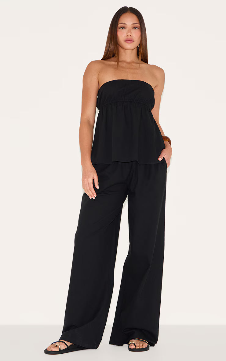 Tall Black Linen Look Peplum Bandeau Top