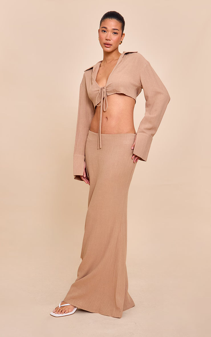 Sand Linen-Blend Tie Front Cropped Shirt