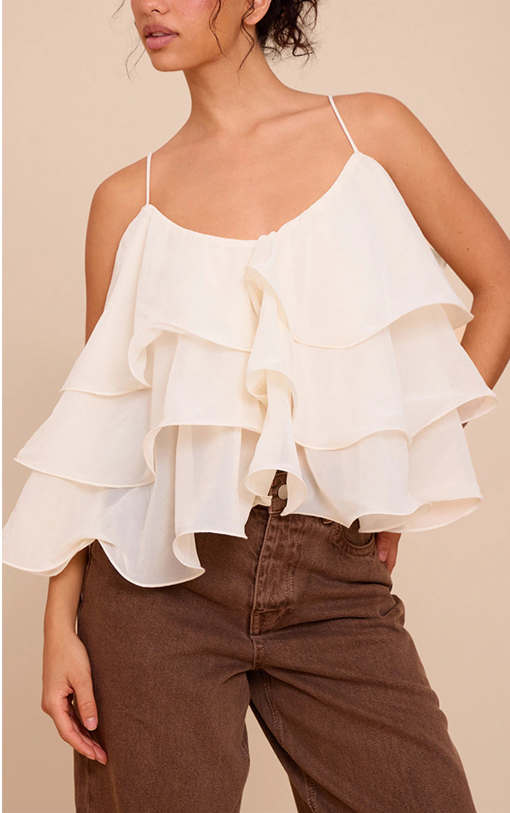Cream Chiffon Layered Puffball Top
