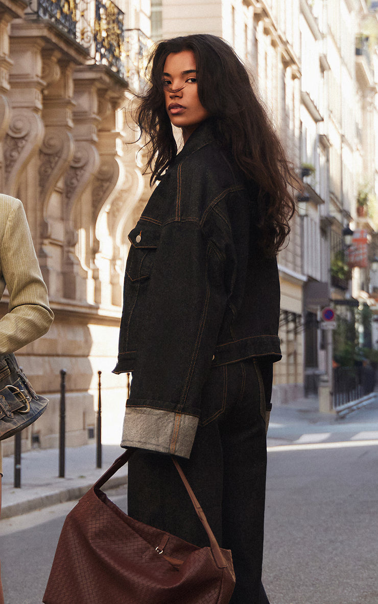 Raw Indigo Wash Turn Up Cuff Contrast Stitch Denim Jacket