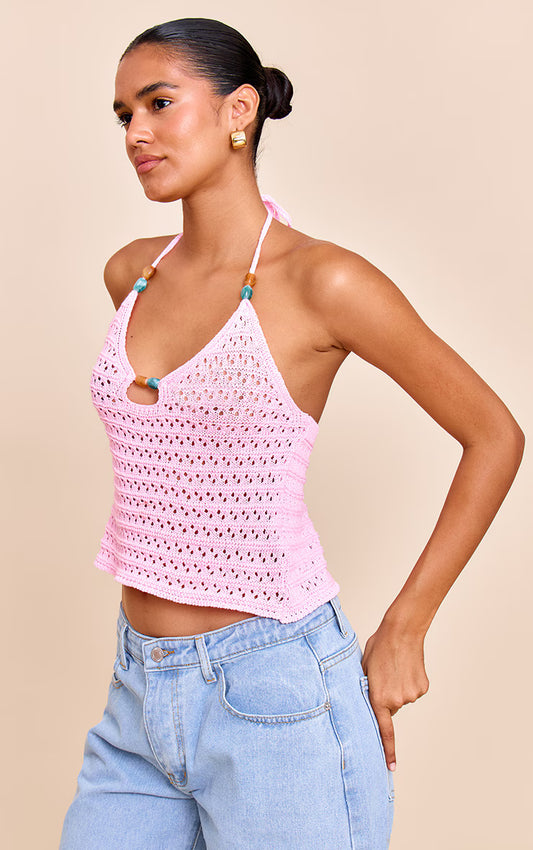 Pink Crochet Bead Detail Halter Top