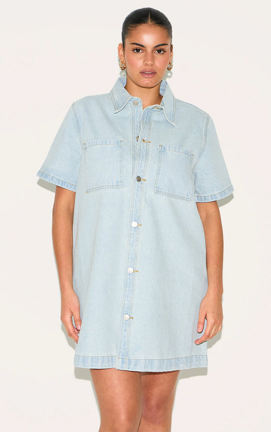 Plus Light Blue Contrast Stitch Denim Shirt Dress