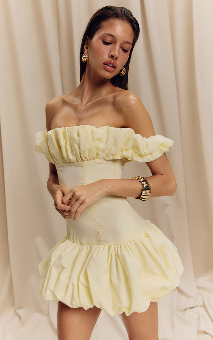 Lemon Ruched Bardot Puff Hem Bodycon Dress