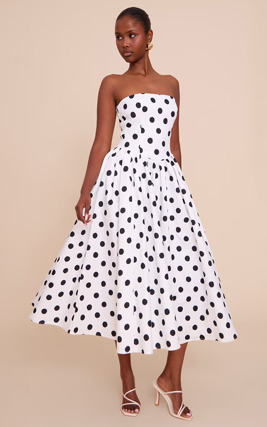 Monochrome Polka Dot Woven Bandeau Ruched Skater Midaxi Dress