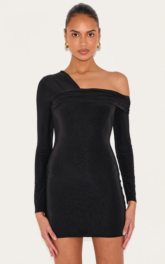 Black Double Layer Slinky Off Shoulder Mini Dress