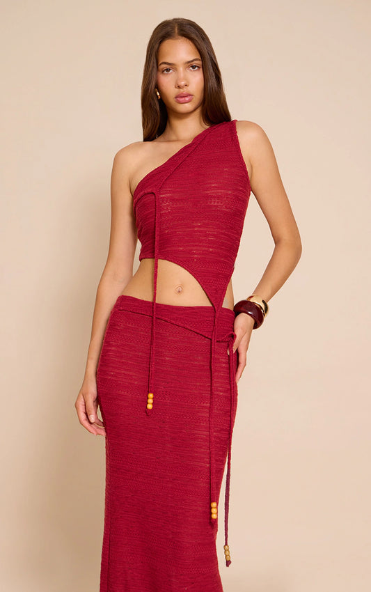 Red Textured Bead Asymmetrical Crop Top
