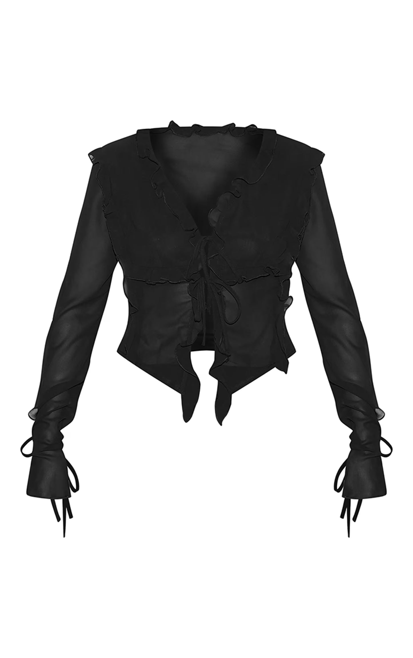 Black Chiffon Ruffle Tie Front Blouse