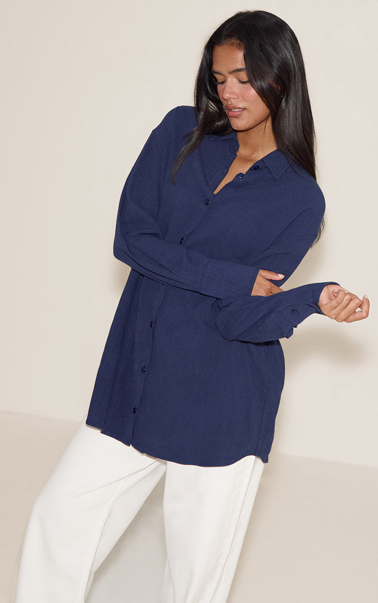 Navy Linen Look Boxy Oversized Shirt