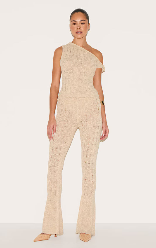 Oatmeal Textured Filigree Knit Wide Leg Pants