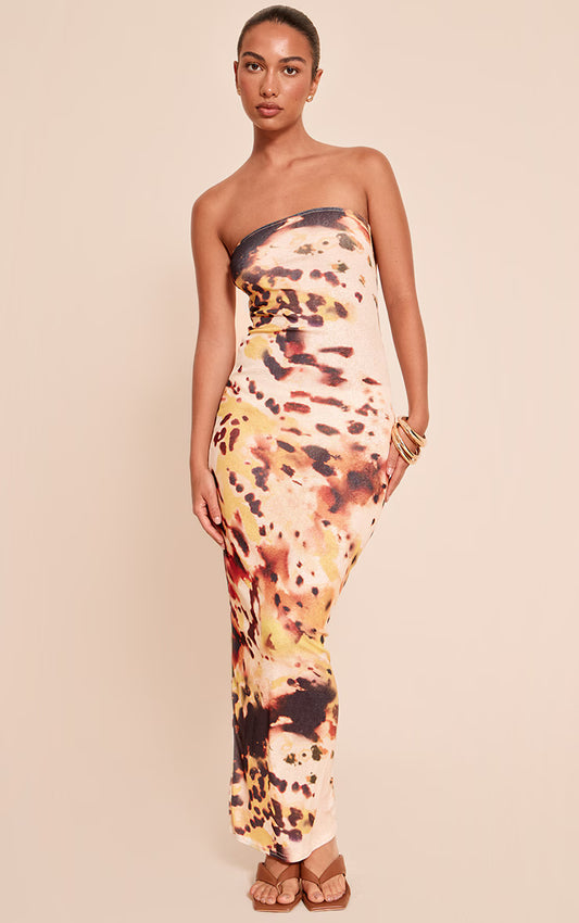 Yellow Abstract Printed Onion Skin Bandeau Maxi Dress