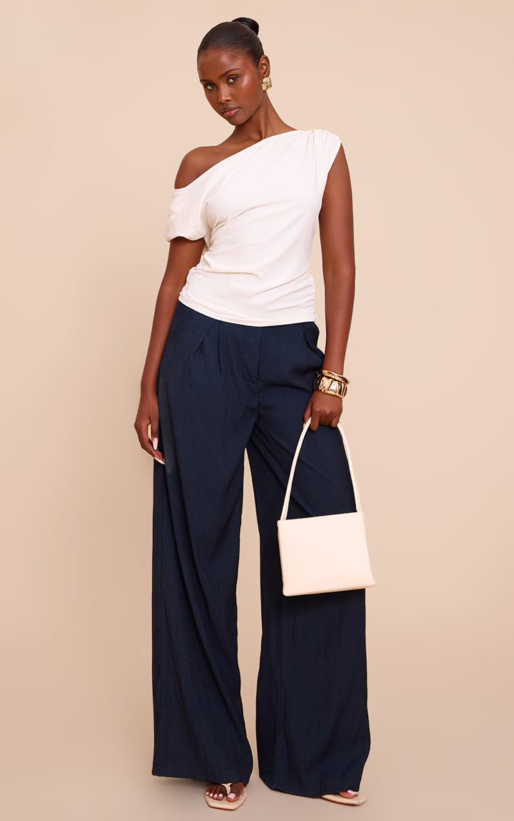 Cream Floaty Woven Ruched One Shoulder Top