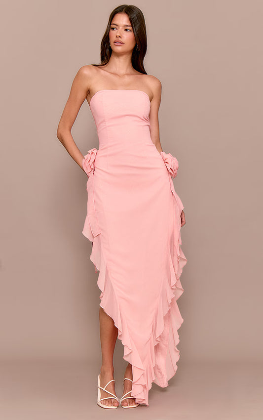 Blush  Floral Bandeau Corsage Frill Detail Midaxi Dress