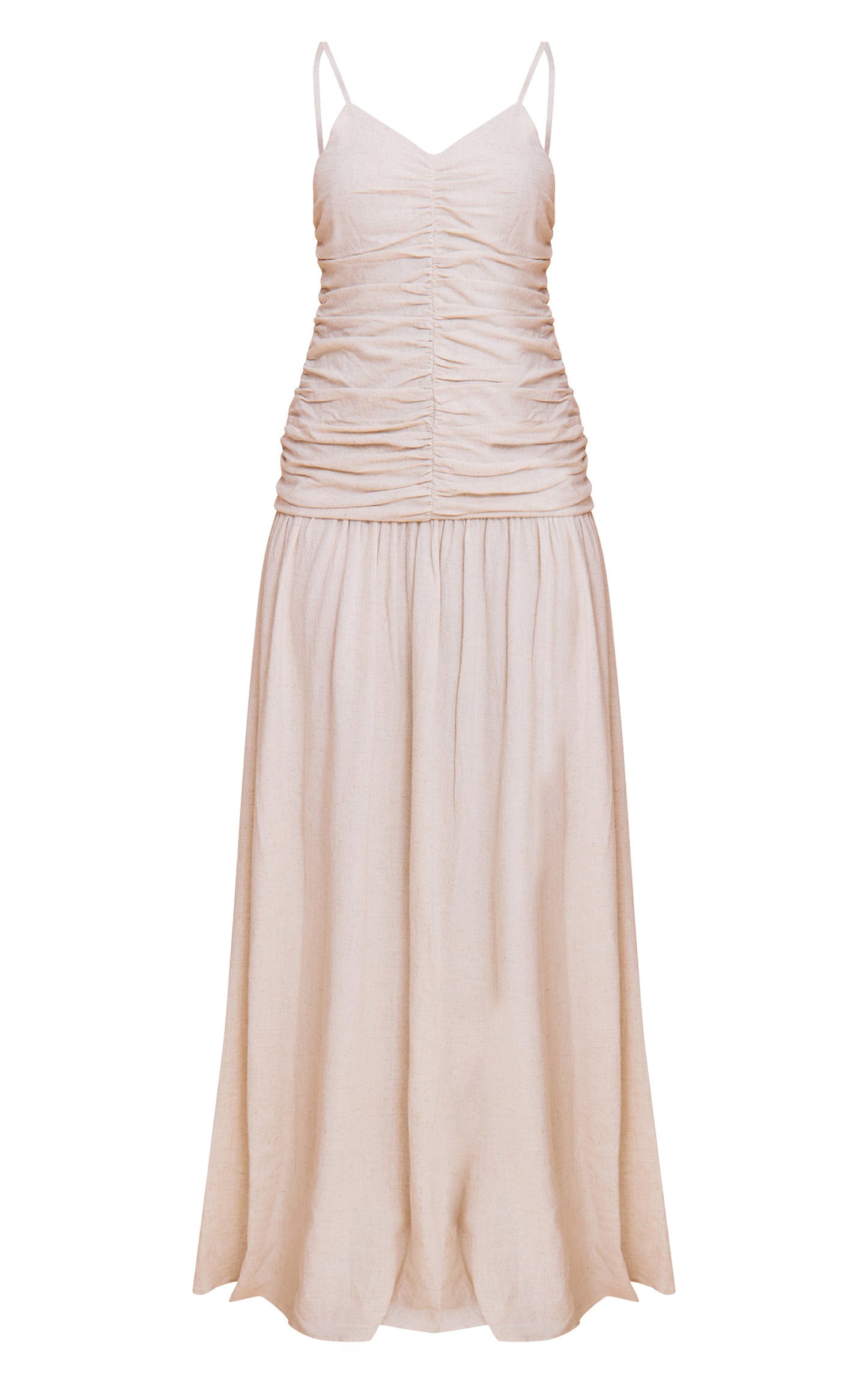Natural Textured Linen Look Woven Ruched Detail Dropped Hem Maxi Dress