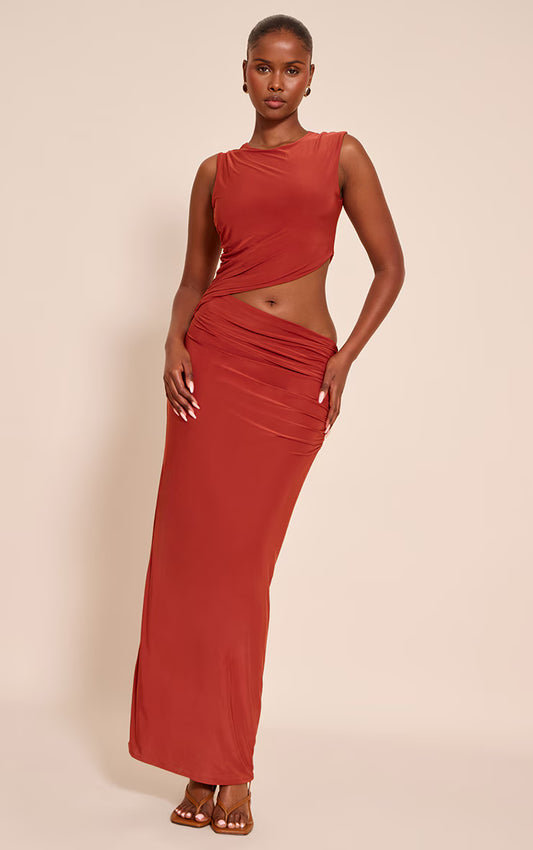 Orange Double Layer Slinky Cut Out Maxi Dress