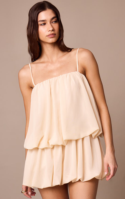 Almond Chiffon Ruched Strappy Puffball Dress
