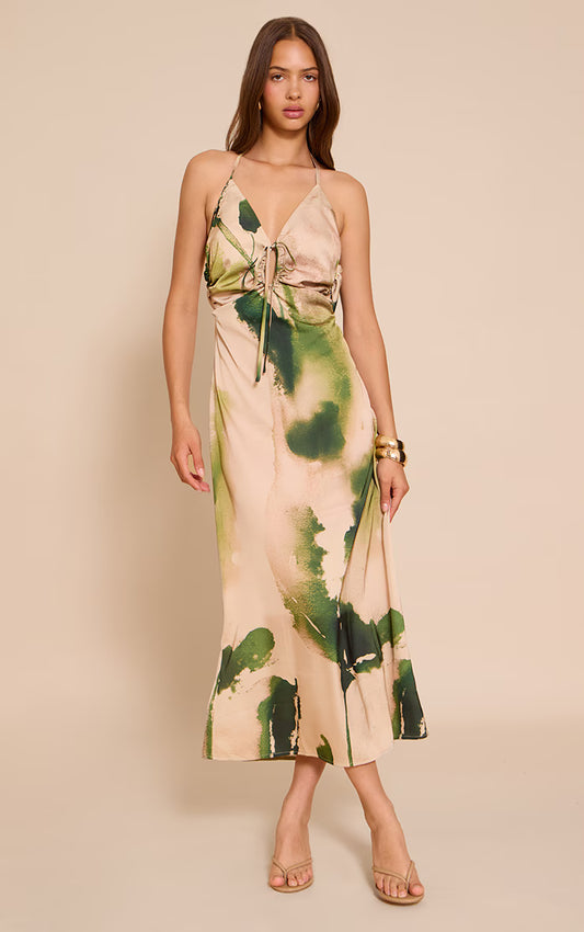 Green Floral Satin Tie Front Maxi Dress
