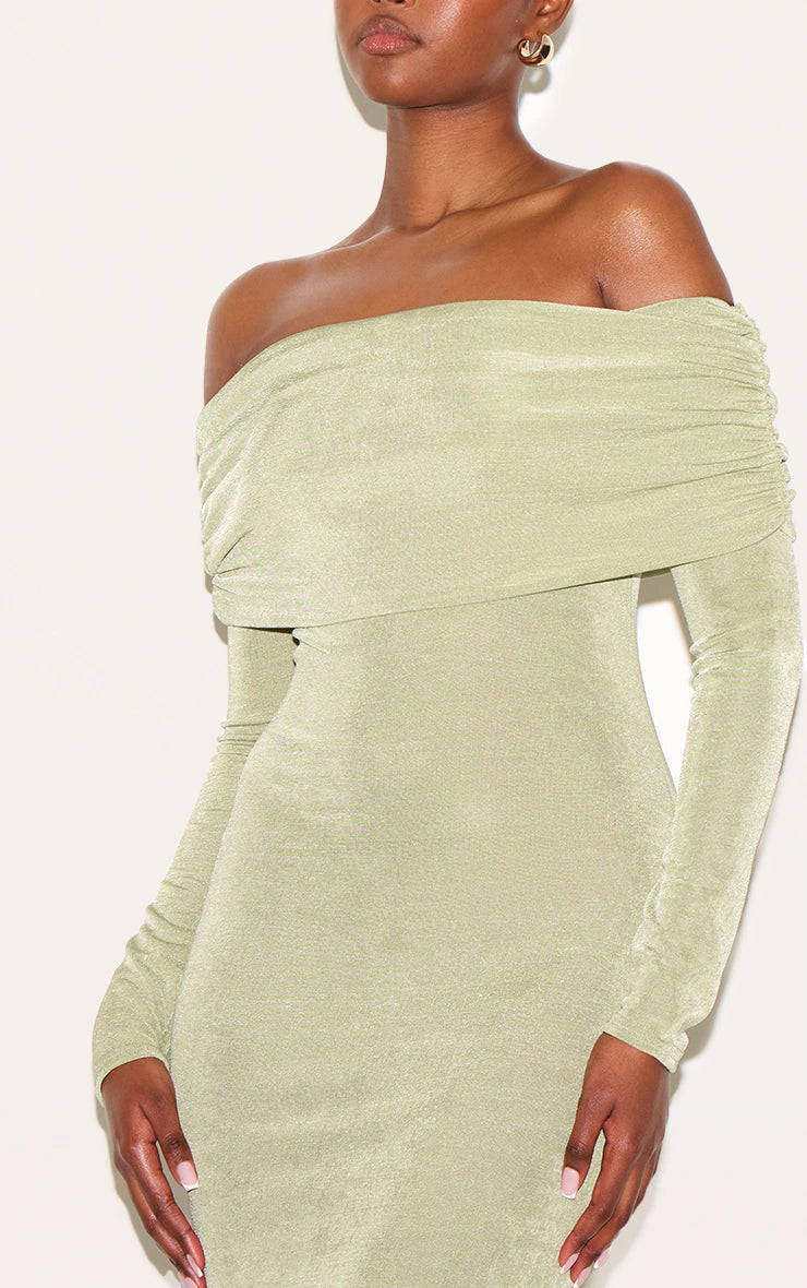 Sage Green Acetate Slinky Bardot Long Sleeve Maxi Dress