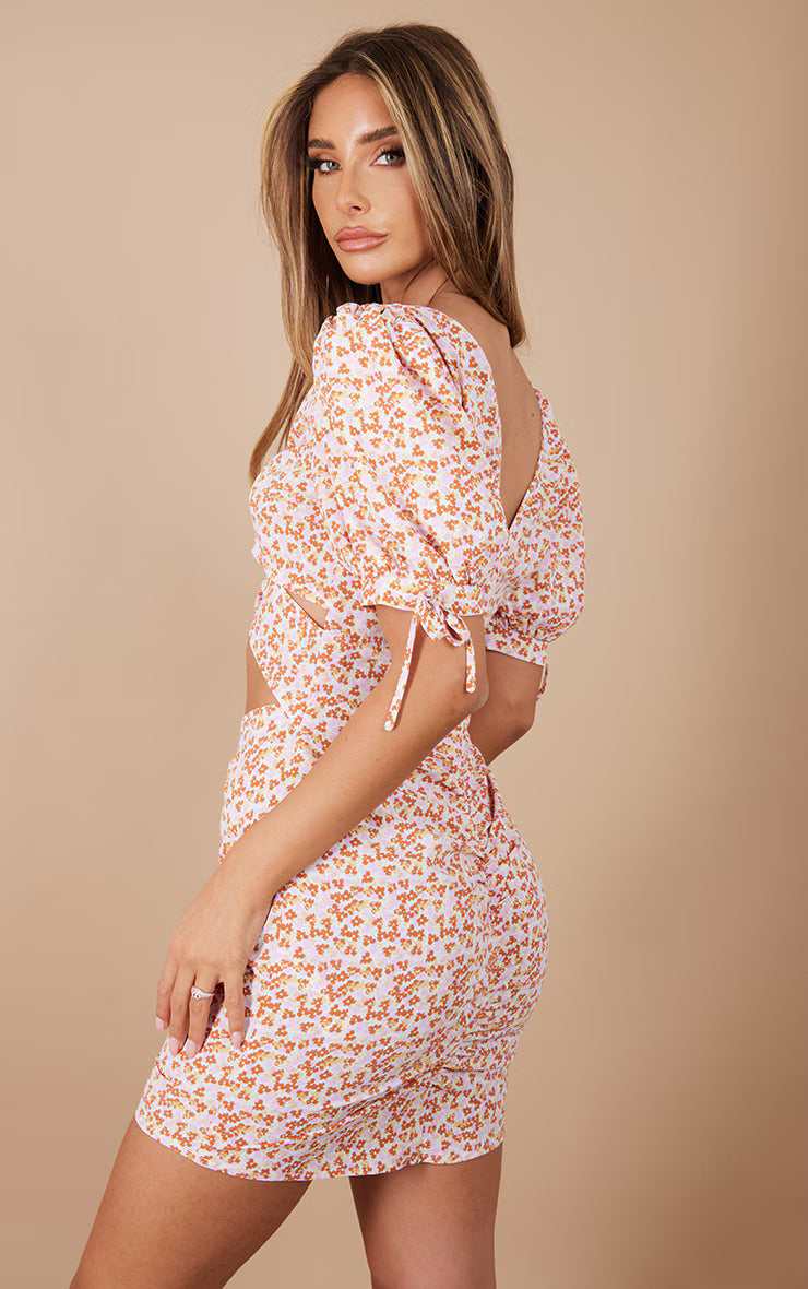 Orange Floral Print Chiffon Ring Detail Cut Out Bodycon Dress