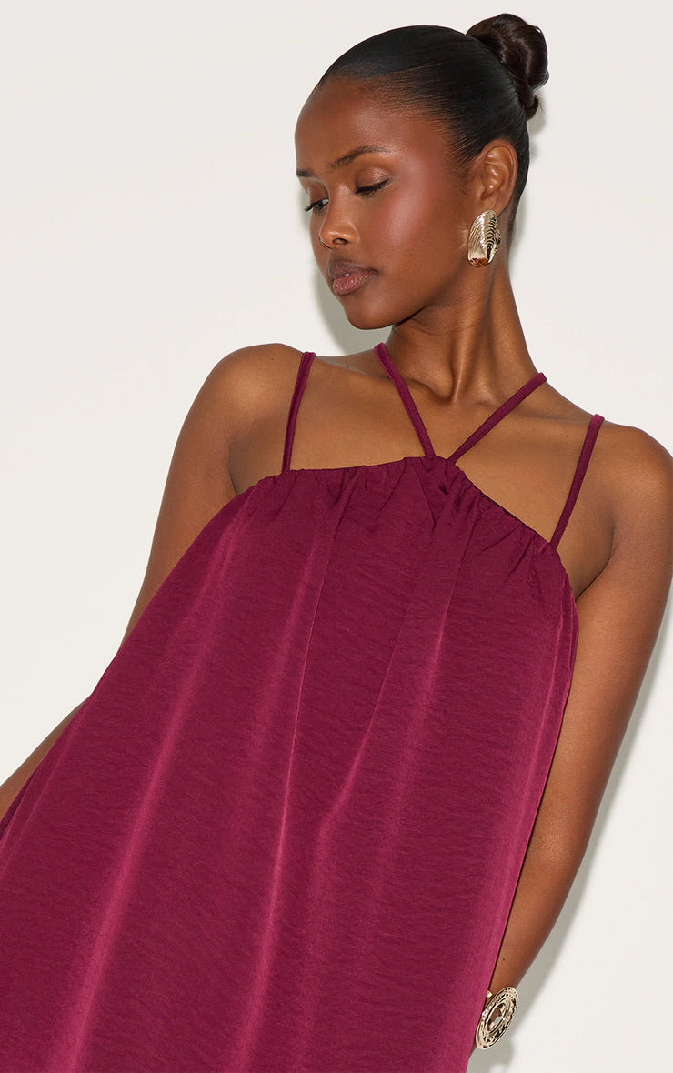 Wine Puff Ball Strappy Mini Dress
