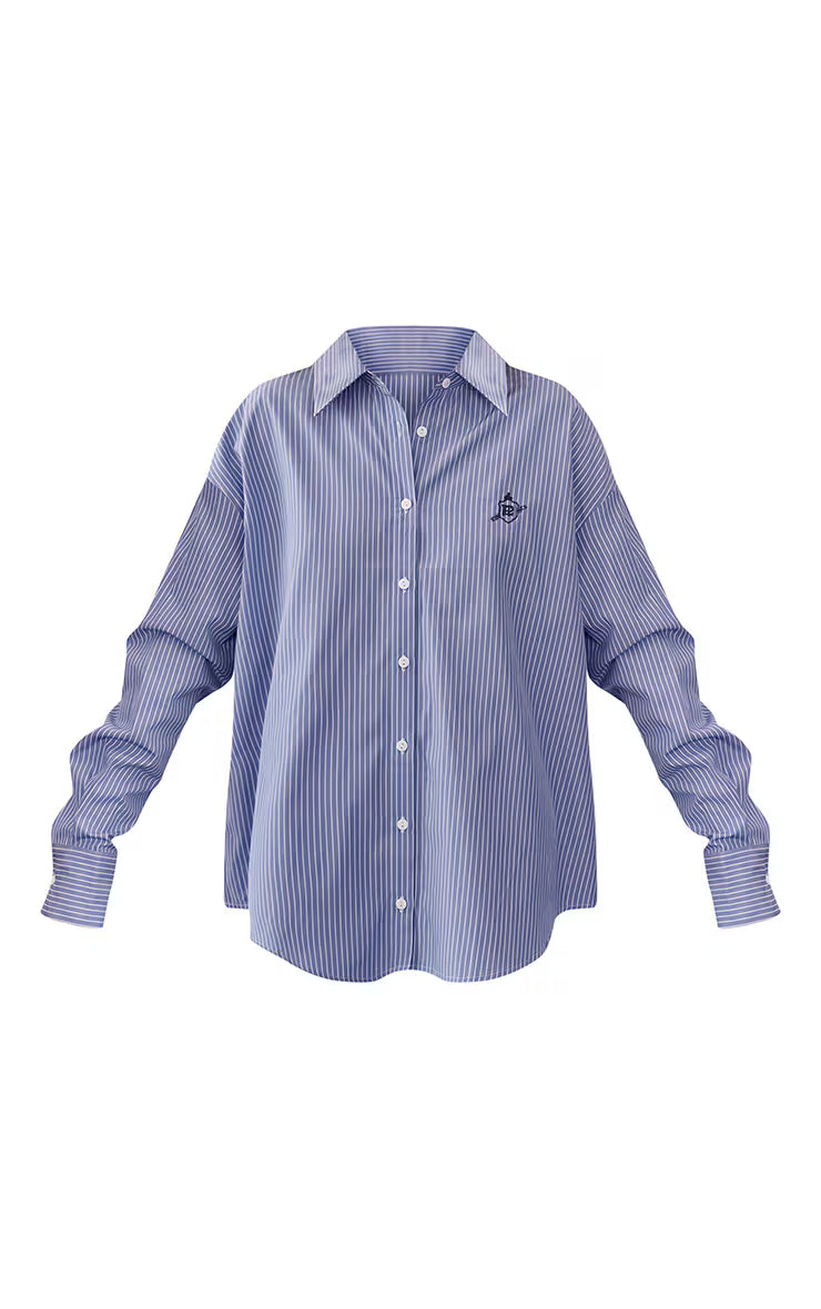 Blue Embroidered Striped Linen Long Sleeve Shirt