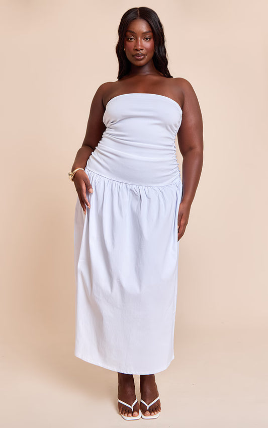 Plus White Stretch Woven Bandeau Ruched Maxi Dress