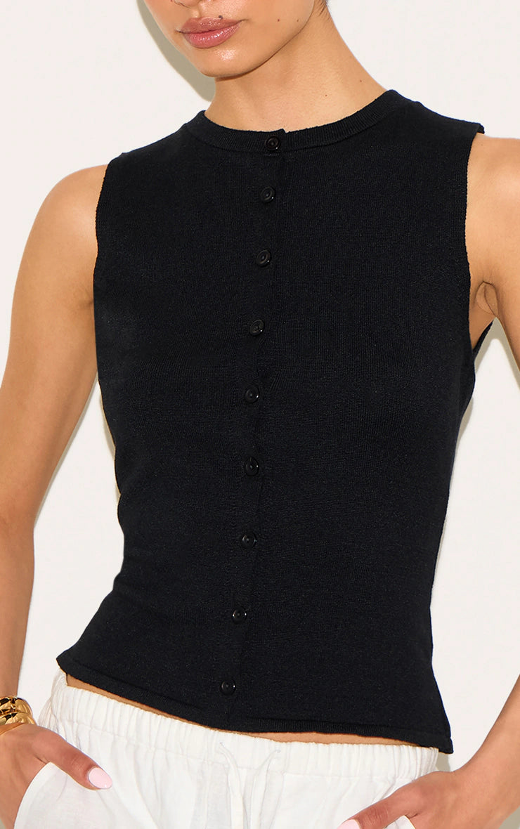 Tall Black Button Through Sleeveless Top
