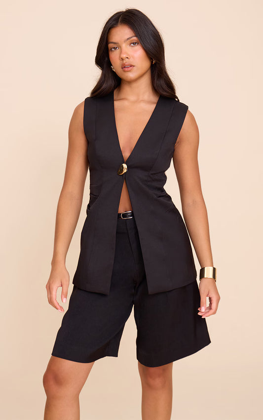 Black Hardware Collarless Vest